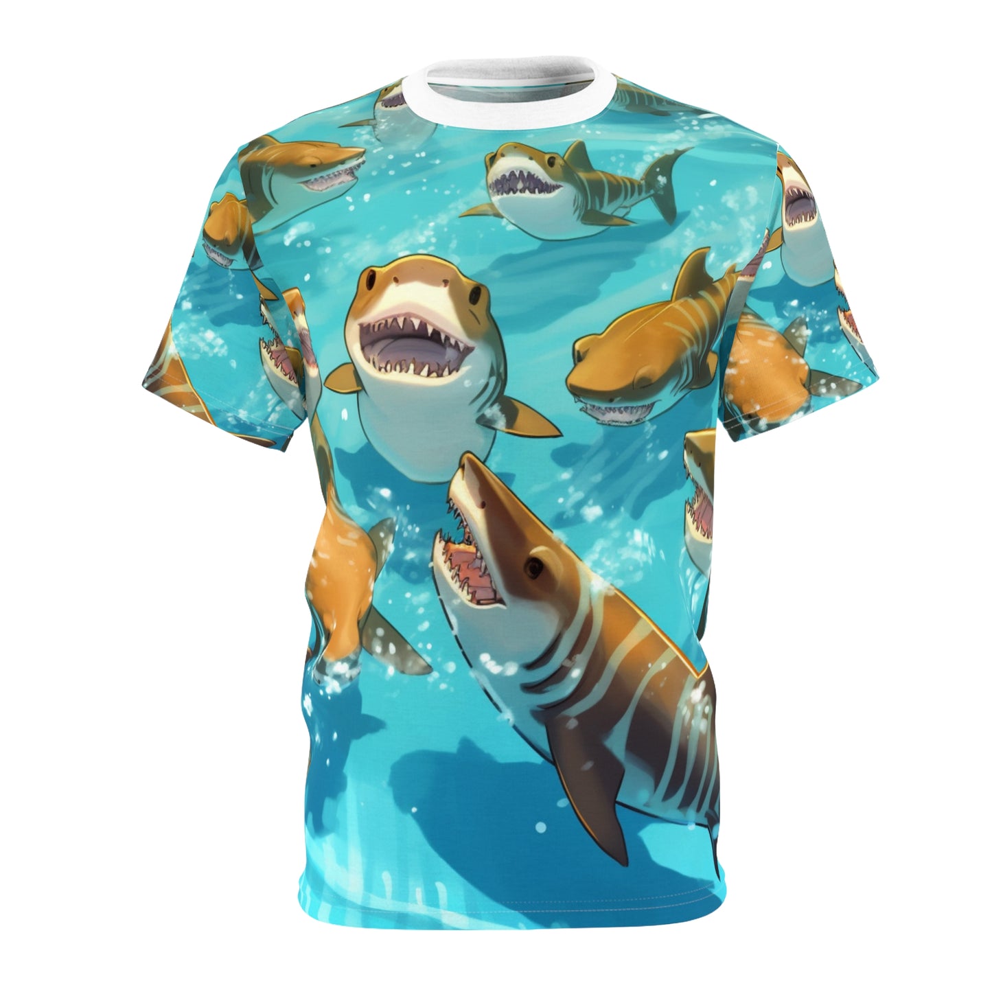 Tiburón tigre: Vida silvestre marina oceánica - Submarino - Camiseta unisex cortada y cosida (AOP) 