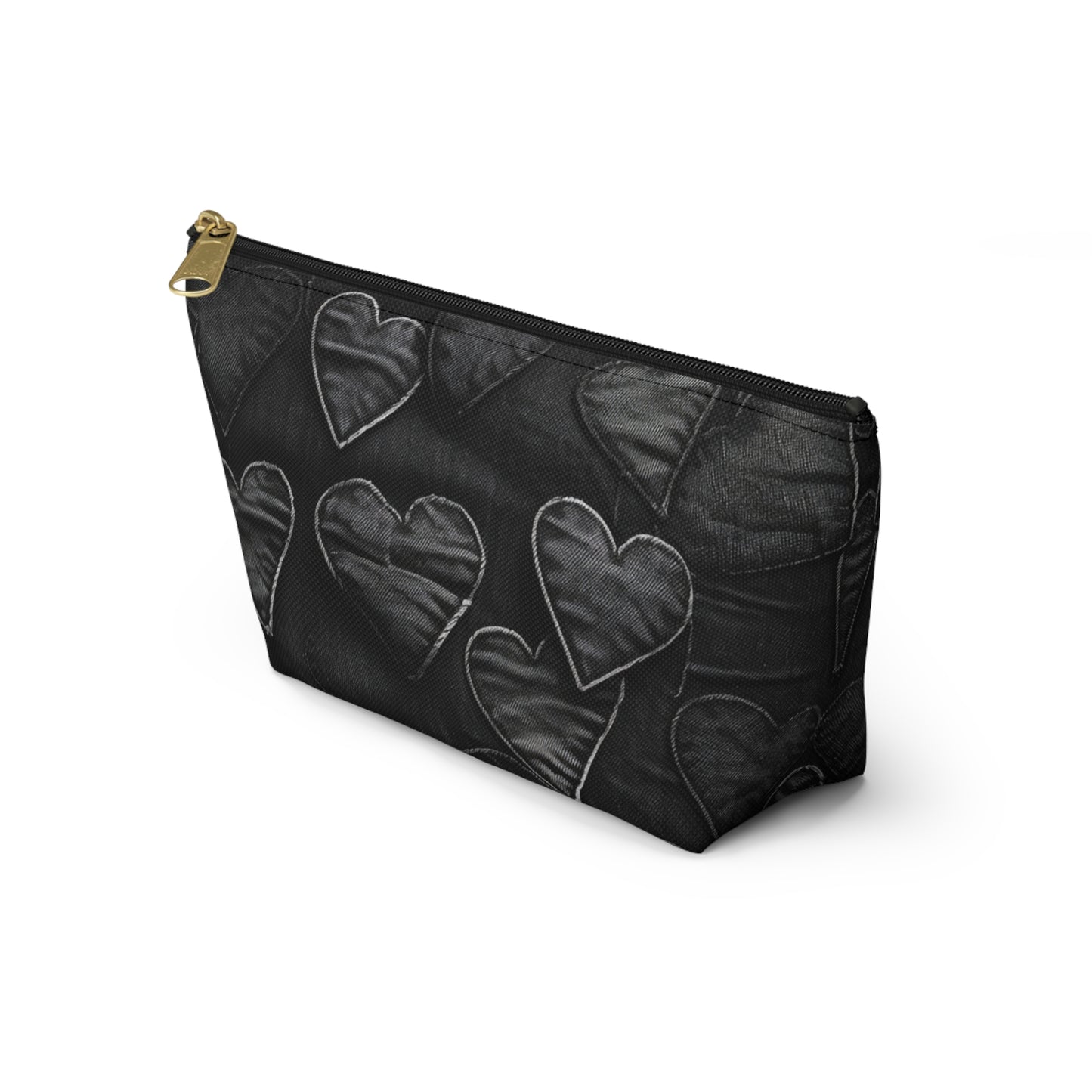 Negro azabache: diseño de bordado de corazón de tela desgastada inspirado en la mezclilla - Bolsa para accesorios con parte inferior en T 