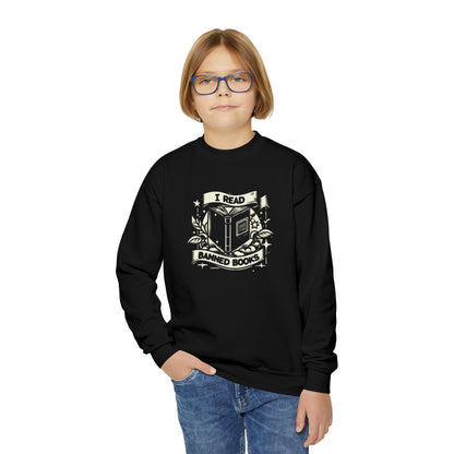 I Read Banned Books - Monochrome Crest with Stars and Laurel - Youth Crewneck Sweatshirt