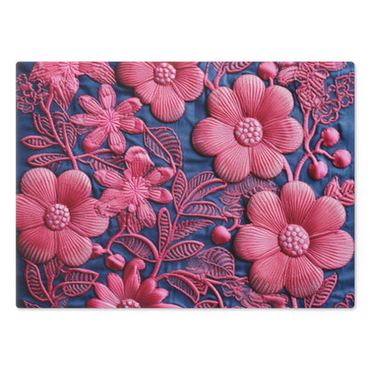 Denim Blue Doll Pink Floral Embroidery Style Fabric Flowers - Cutting Board