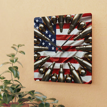 American Valor Acrylic Wall Clock - Patriotic Bullet Array, Non-Live Ammunition, Stars and Stripes Display, Heroic USA Timepiece