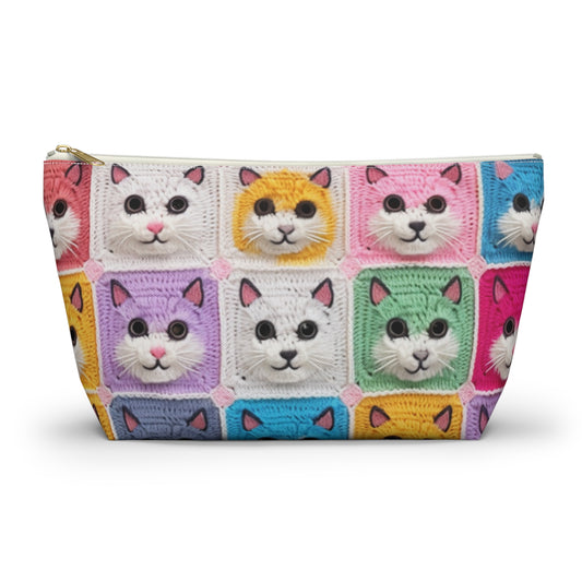 Crochet Cat, Summer Cotton, Feline, Retro Cat Cardigan, Kitten Crochet Cotton Creation - Accessory Pouch w T-bottom