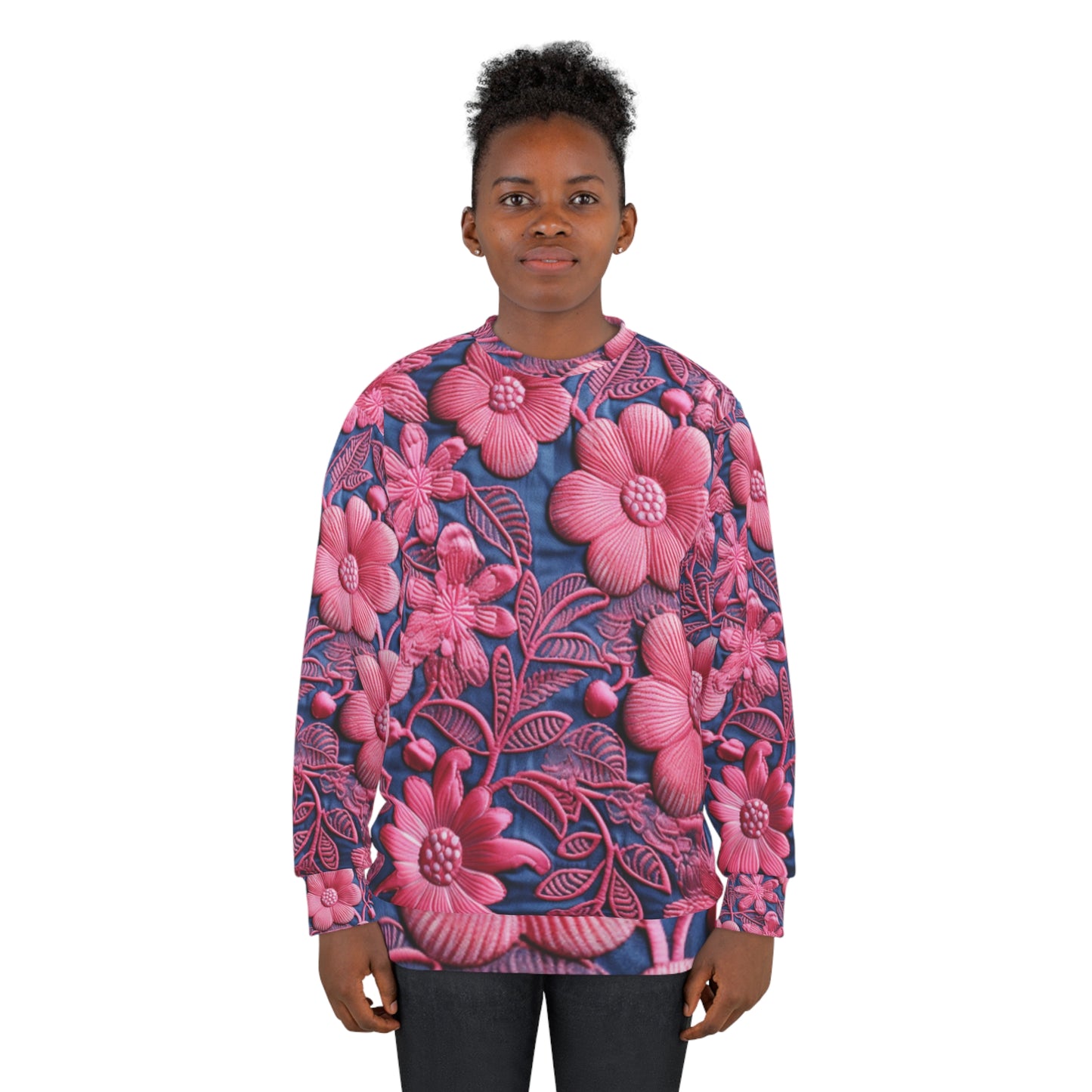 Denim Blue Doll Pink Floral Embroidery Style Fabric Flowers - Unisex Sweatshirt (AOP)