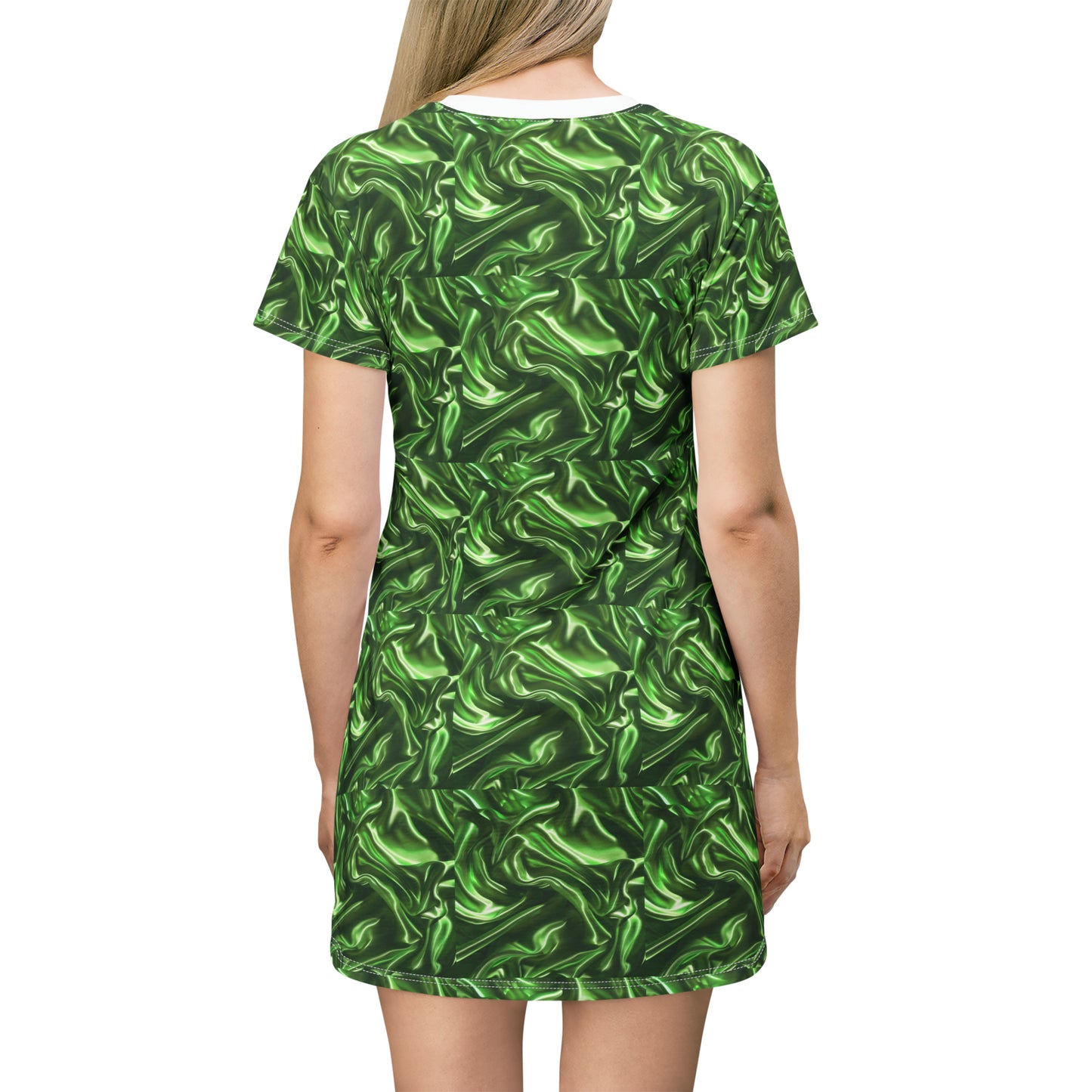 Green Silk Faux, T-Shirt Dress (AOP)