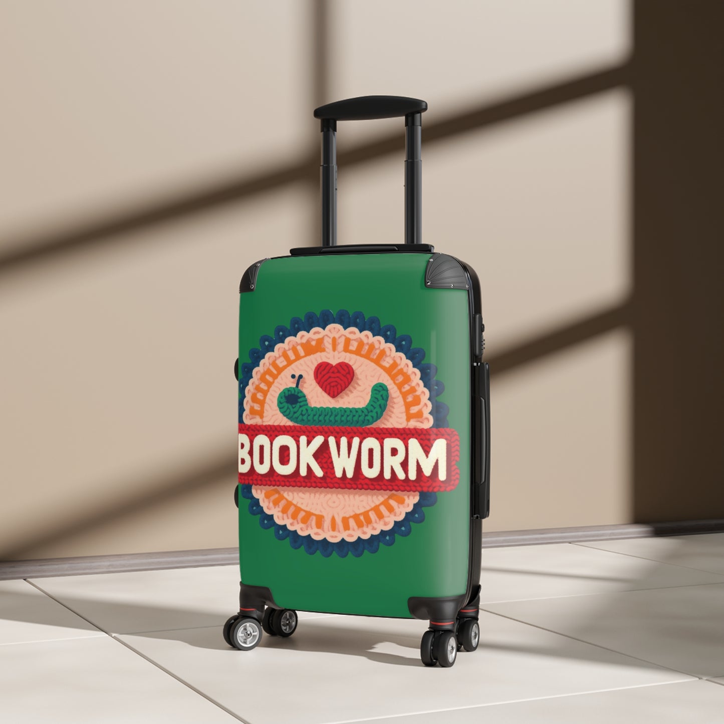 Crochet Bookworm Illustration: Cozy Reader Embroidered Patch Design - Suitcase