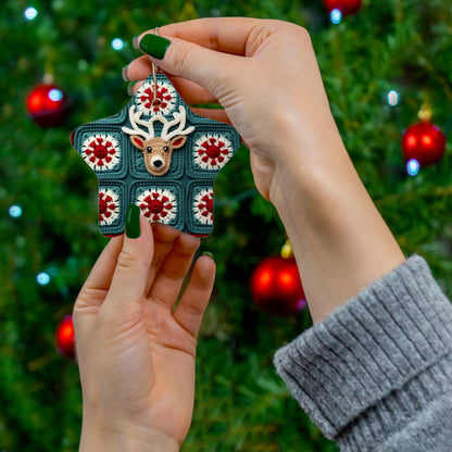 Christmas Reindeer Crochet, Wintry Wonderland Design, Festive Stag Motif. Embrace the Holiday Spirit - Ceramic Ornament, 4 Shapes