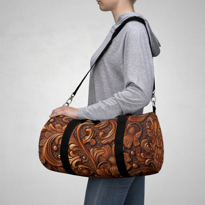 Leather Flower Cognac Classic Brown Timeless American Cowboy Design - Duffel Bag