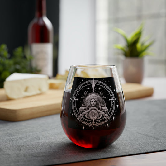 Virgo Zodiac Stemless Wine Glass, 11.75oz - Restaurant-Grade Clear Glass - Starry Black & White Design