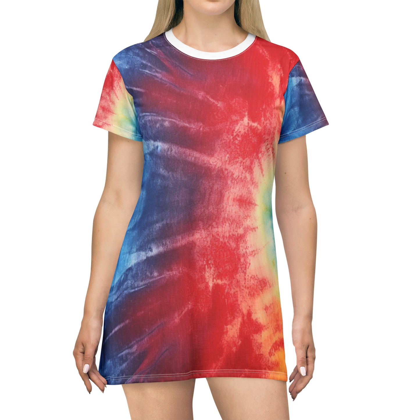 Denim Rainbow Tie-Dye: Espectáculo de diseño de tela multicolor vibrante - Vestido tipo camiseta (AOP) 