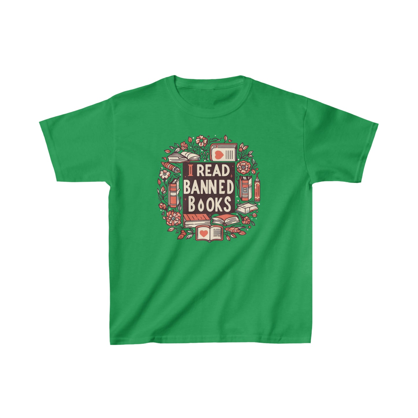 I Read Banned Books - Timeless Floral Bookshelf Illustration - Kids Heavy Cotton™ Tee