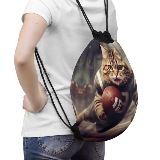 Football Field Felines: Kitty Cats in Sport Tackling Scoring Game Position - Drawstring Bag