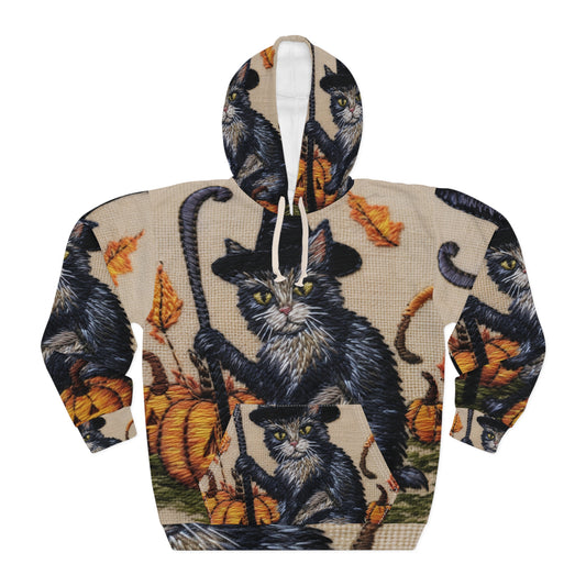 Halloween Cat Magic: Embroidered Style Feline with Pumpkins & Witch Hat - Unisex Pullover Hoodie (AOP)