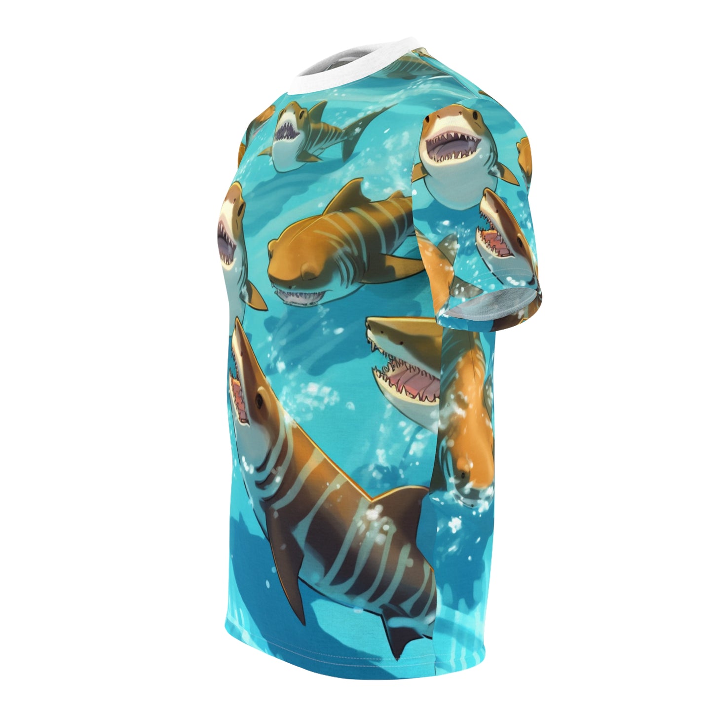 Tiburón tigre: Vida silvestre marina oceánica - Submarino - Camiseta unisex cortada y cosida (AOP) 