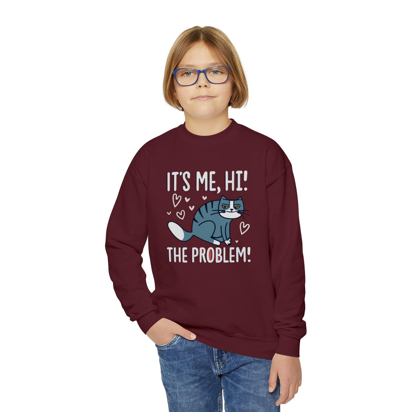 Cat Its Me Hi The Problem Kitten - Lindo gráfico de gatito de San Valentín - Sudadera con cuello redondo para jóvenes