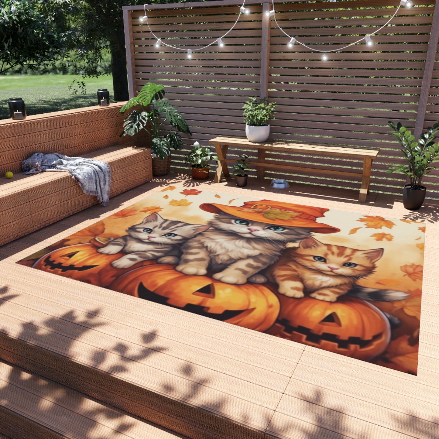 Kitty Cat Kittens Halloween - Cute Furries on Pumpkin - Festive Feline Decor - Outdoor Rug