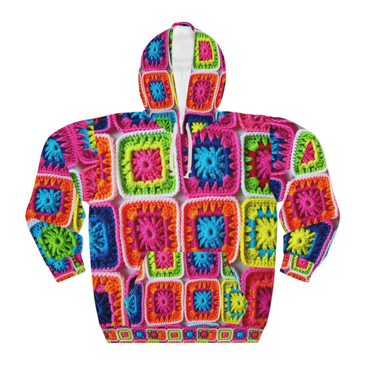 Crochet Granny Square, Summer Cotton, Patchwork, Retro Floral Design, Crochet Cotton - Unisex Pullover Hoodie (AOP)