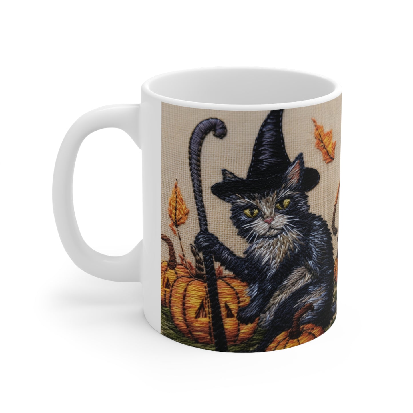 Halloween Cat Magic: Embroidered Style Feline with Pumpkins & Witch Hat - Ceramic Mug 11oz