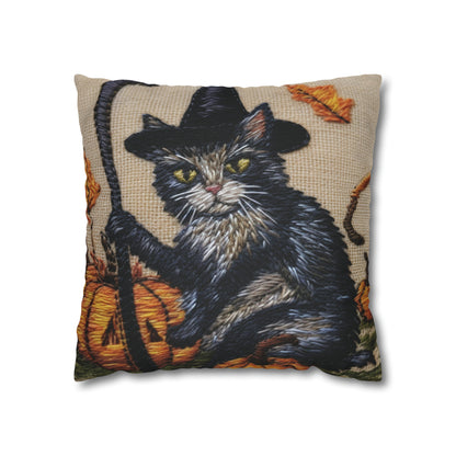 Halloween Cat Magic: Embroidered Style Feline with Pumpkins & Witch Hat - Spun Polyester Square Pillow Case