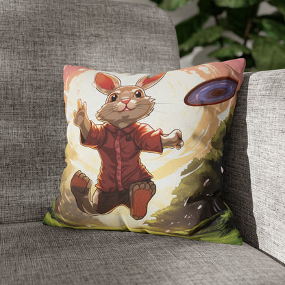 Disc Golf Rabbit: Bunny Aiming Frisbee for Basket Chain - Spun Polyester Square Pillow Case