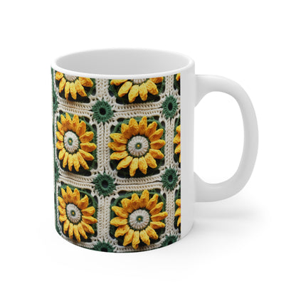 Elegancia de crochet de girasol, diseño Granny Square, motivo floral radiante. Lleva la calidez de los girasoles a tu espacio - Taza de cerámica 11oz 