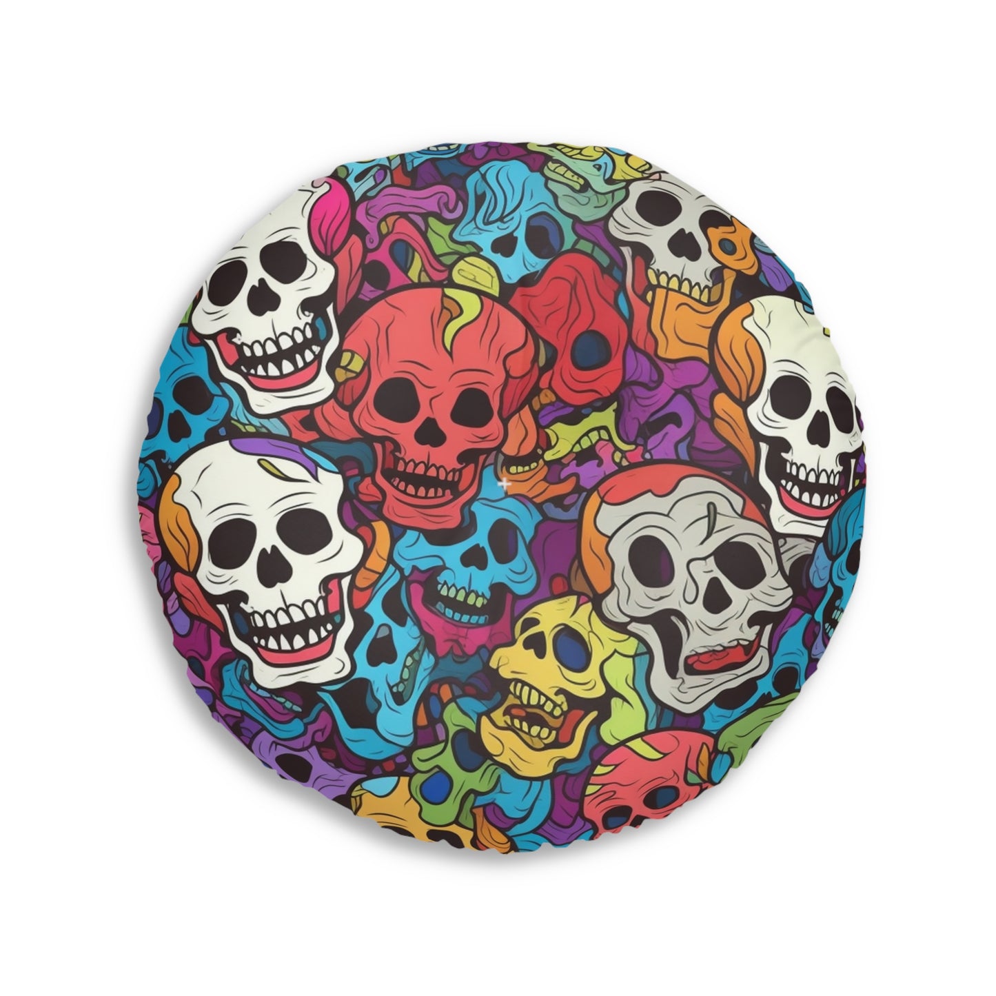 Patrón psicodélico de cabeza de calavera arcoíris, colores vibrantes - Cojín de suelo capitoné, redondo 