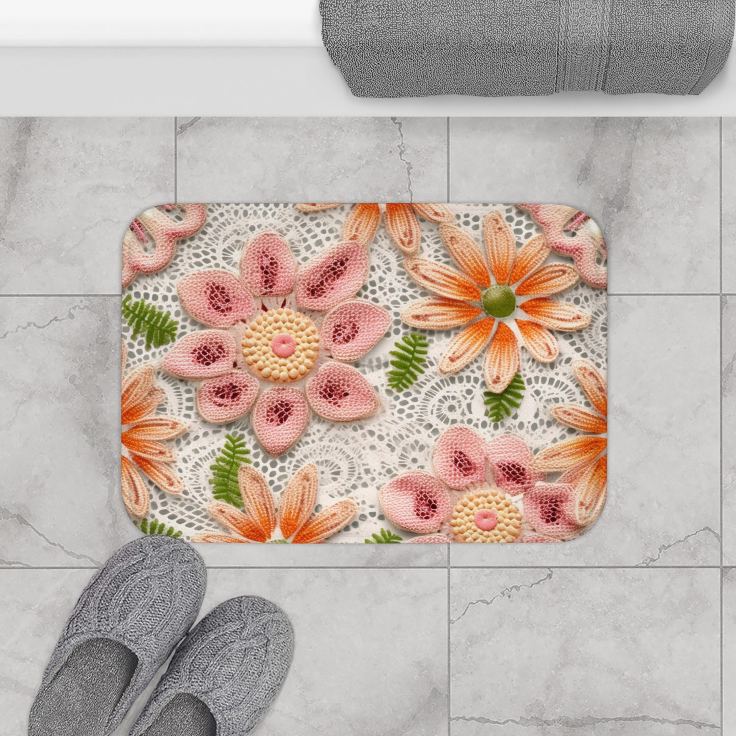 Ojal bordado floral: patrón elegante de flores delicadas - Alfombra de baño