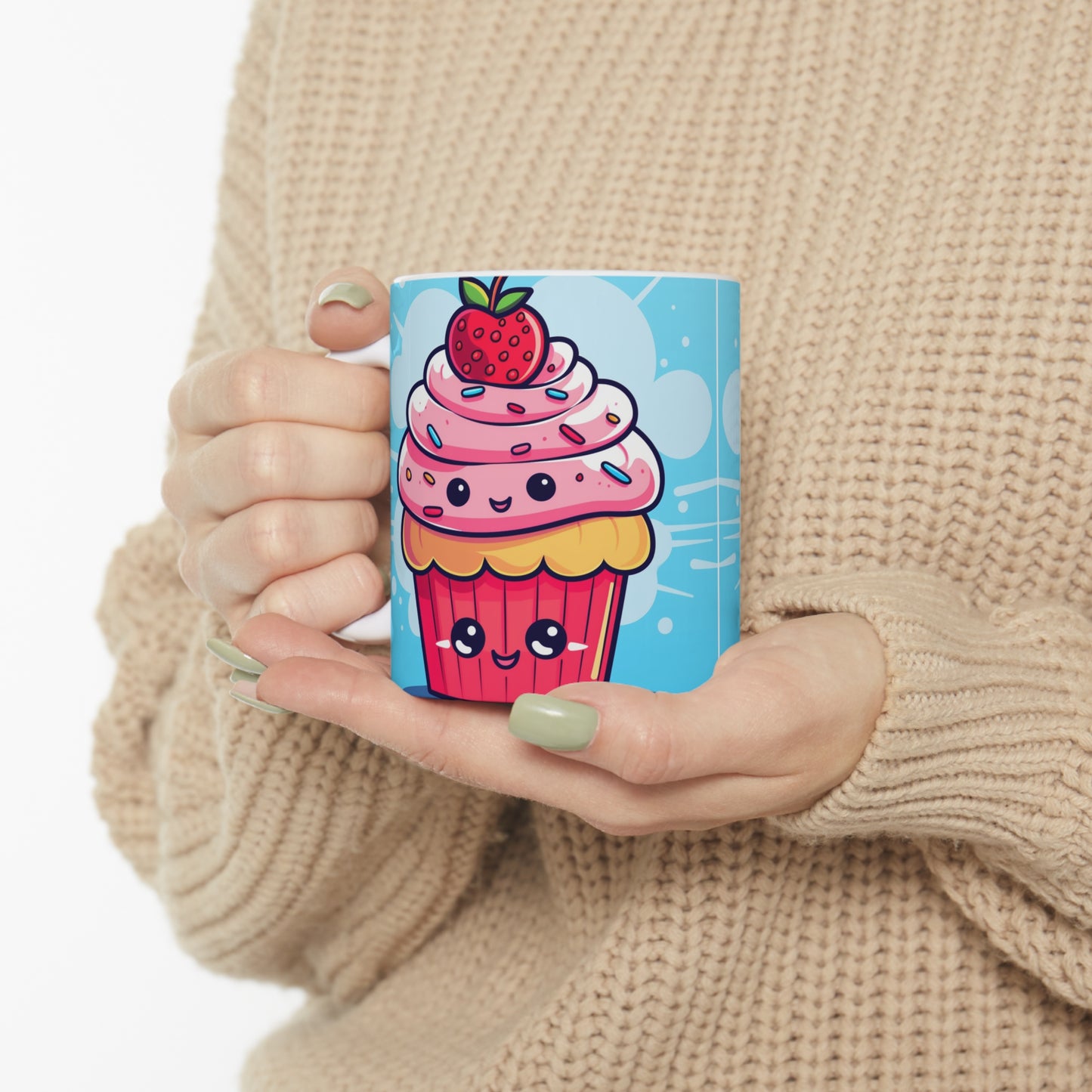 Strawberry Delight - Kawaii Cupcake Art - Sweet Anime Manga Dessert Charm - Ceramic Mug 11oz