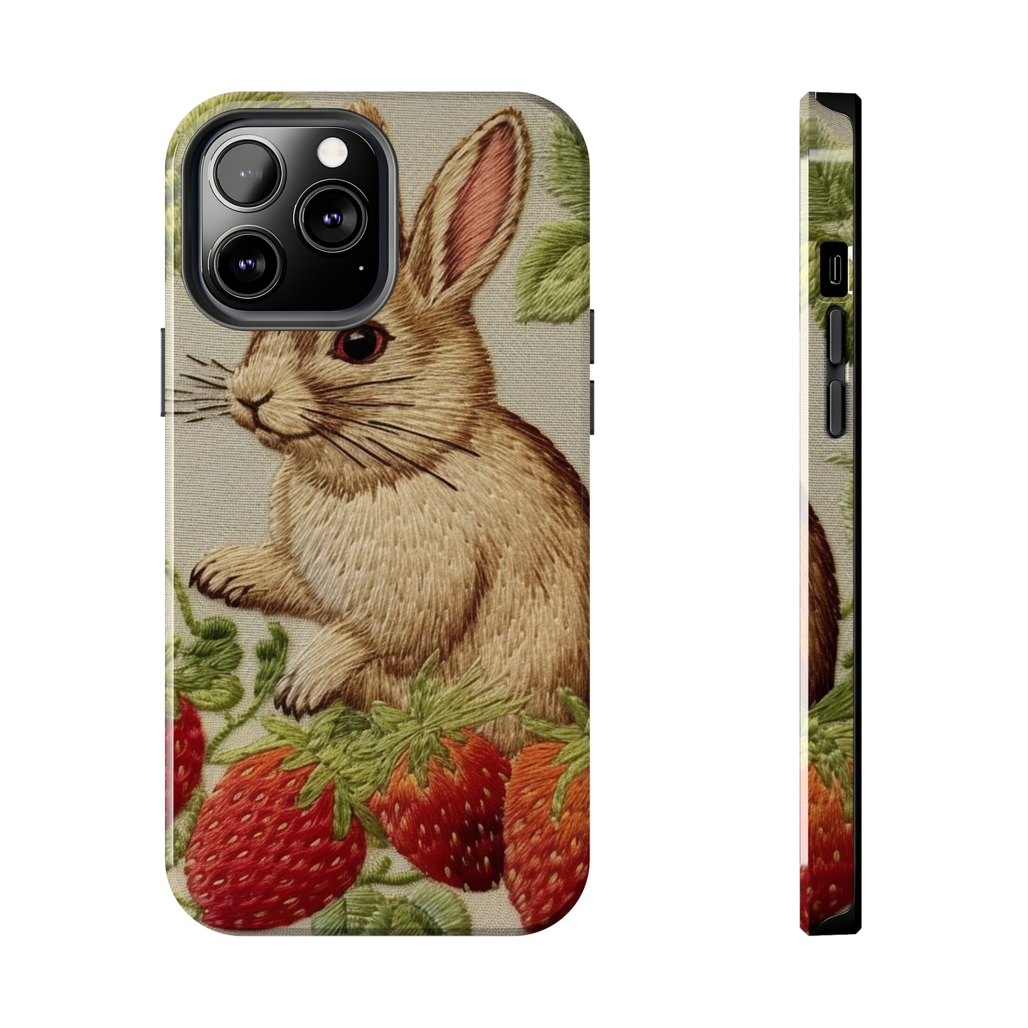 Strawberry Bunny Rabit - Embroidery Style - Strawberries Fruit Munchies - Easter Gift - Tough Phone Cases