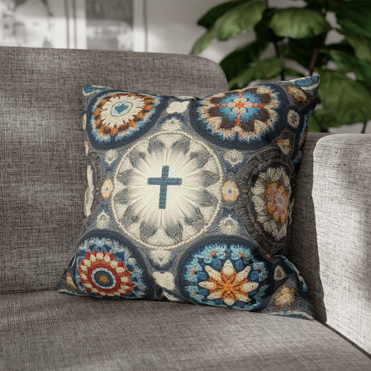 Bohemian Crochet Mandala with Centered Christian Cross - Earthy Tones Mosaic - Spun Polyester Square Pillow Case