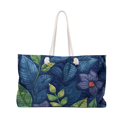 Floral Embroidery Blue: Denim-Inspired, Artisan-Crafted Flower Design - Weekender Bag