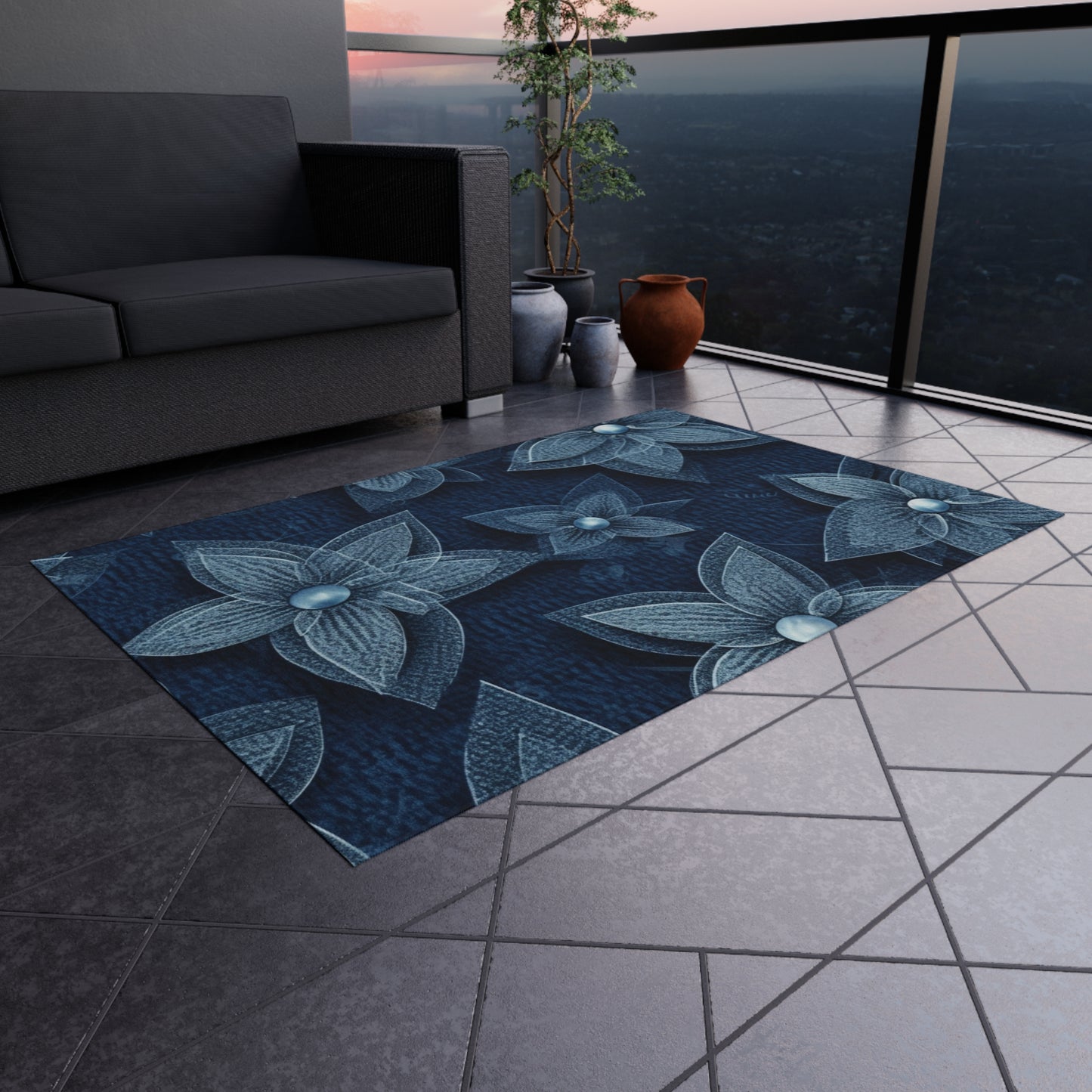 Hawaiian Flower Design - Denim-Inspired Decor Piece - Outdoor Rug