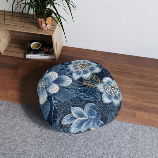 Flower Blossom Embroidery Floral on Denim Style - Tufted Floor Pillow, Round