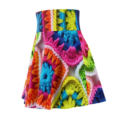 Crochet Granny Square, Summer Cotton, Patchwork, Retro Floral Design, Crochet Cotton - Women's Skater Skirt (AOP)