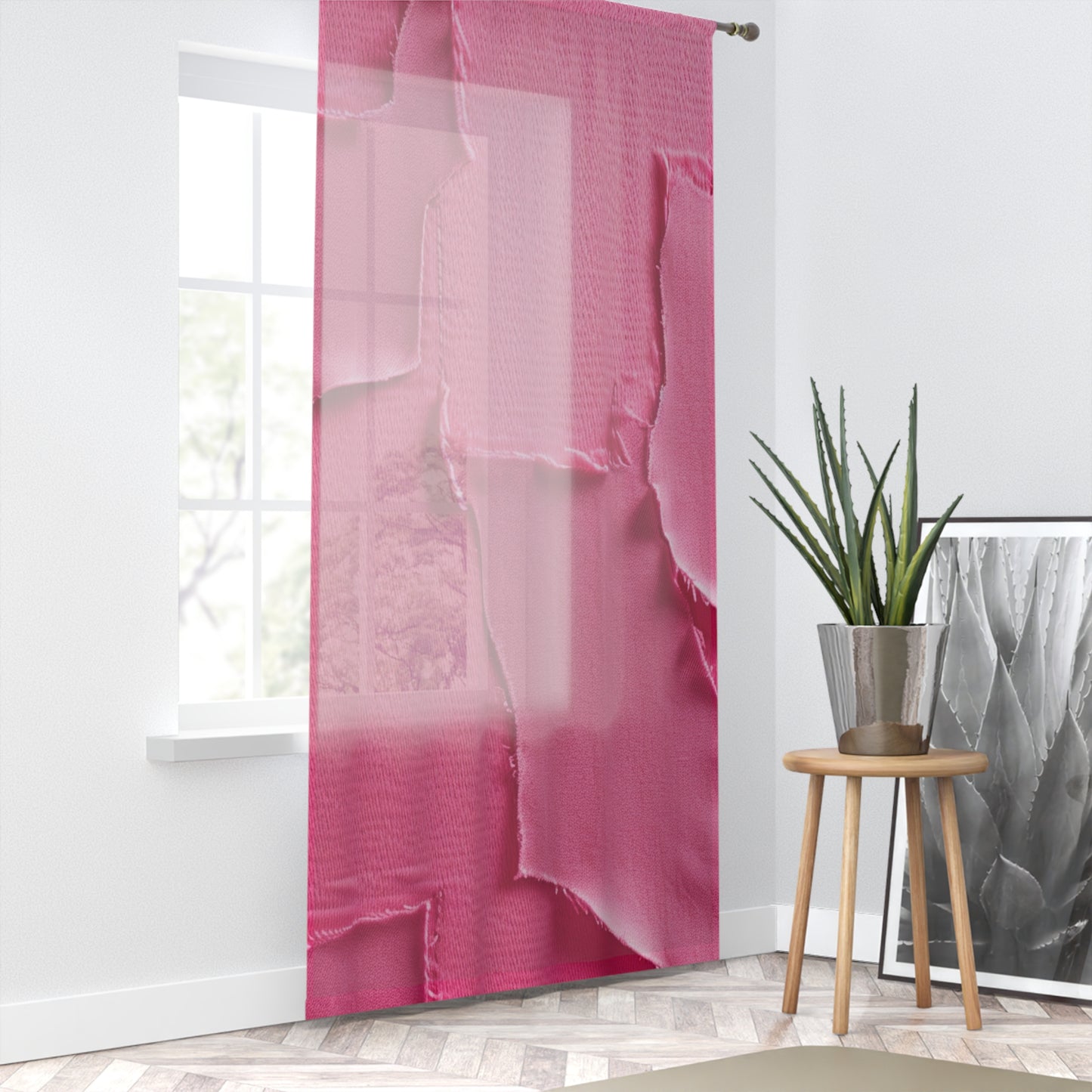 Distressed Neon Pink: Edgy, Ripped Denim-Inspired Doll Fabric - Window Curtain