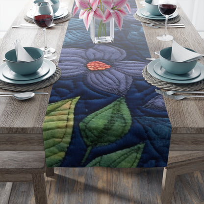 Floral Embroidery Blue: Denim-Inspired, Artisan-Crafted Flower Design - Table Runner (Cotton, Poly)