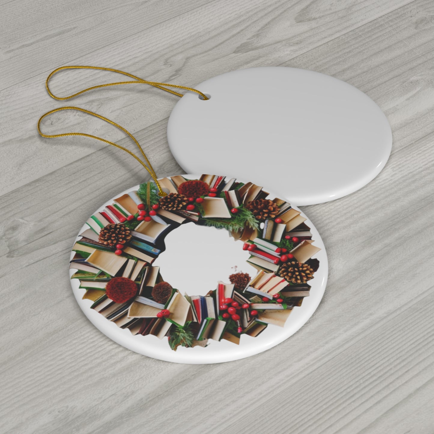 Holiday Book Wreath: Festive Literary Book Lover & Christmas Pinecone Arrangement - Ceramic Ornament, 4 Shapes