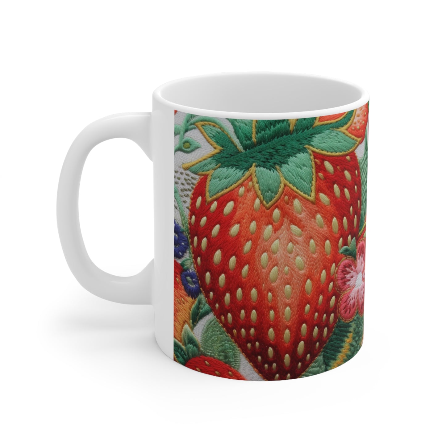 Berry Delight: Sun-Kissed Strawberries Fields Meet Embroidered Style Strawberry Patterns - Ceramic Mug 11oz