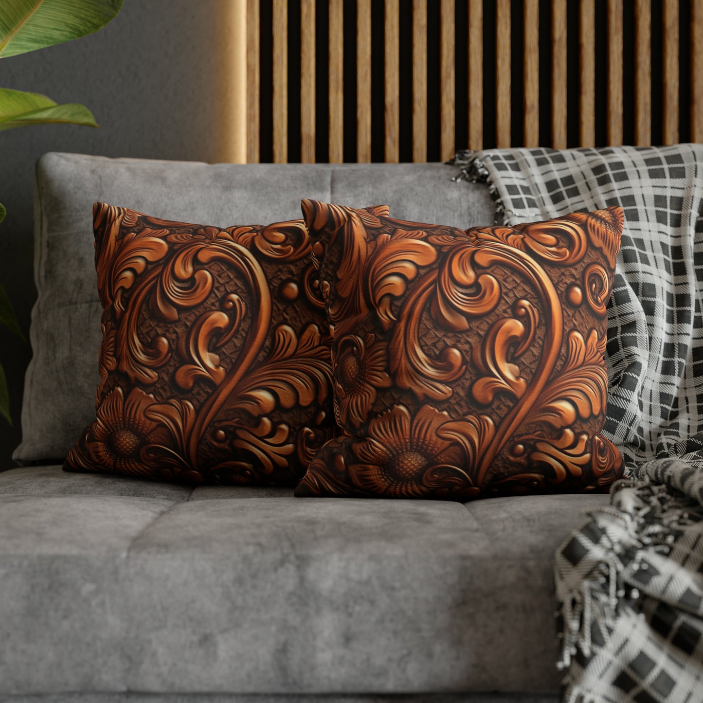 Leather Flower Cognac Classic Brown Timeless American Cowboy Design - Spun Polyester Square Pillow Case