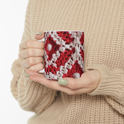 Cálido punto de ganchillo rojo y blanco de invierno: diseño de textura cinematográfico elegante - Taza de cerámica de 11 oz 