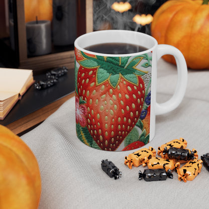 Berry Delight: Sun-Kissed Strawberries Fields Meet Embroidered Style Strawberry Patterns - Ceramic Mug 11oz