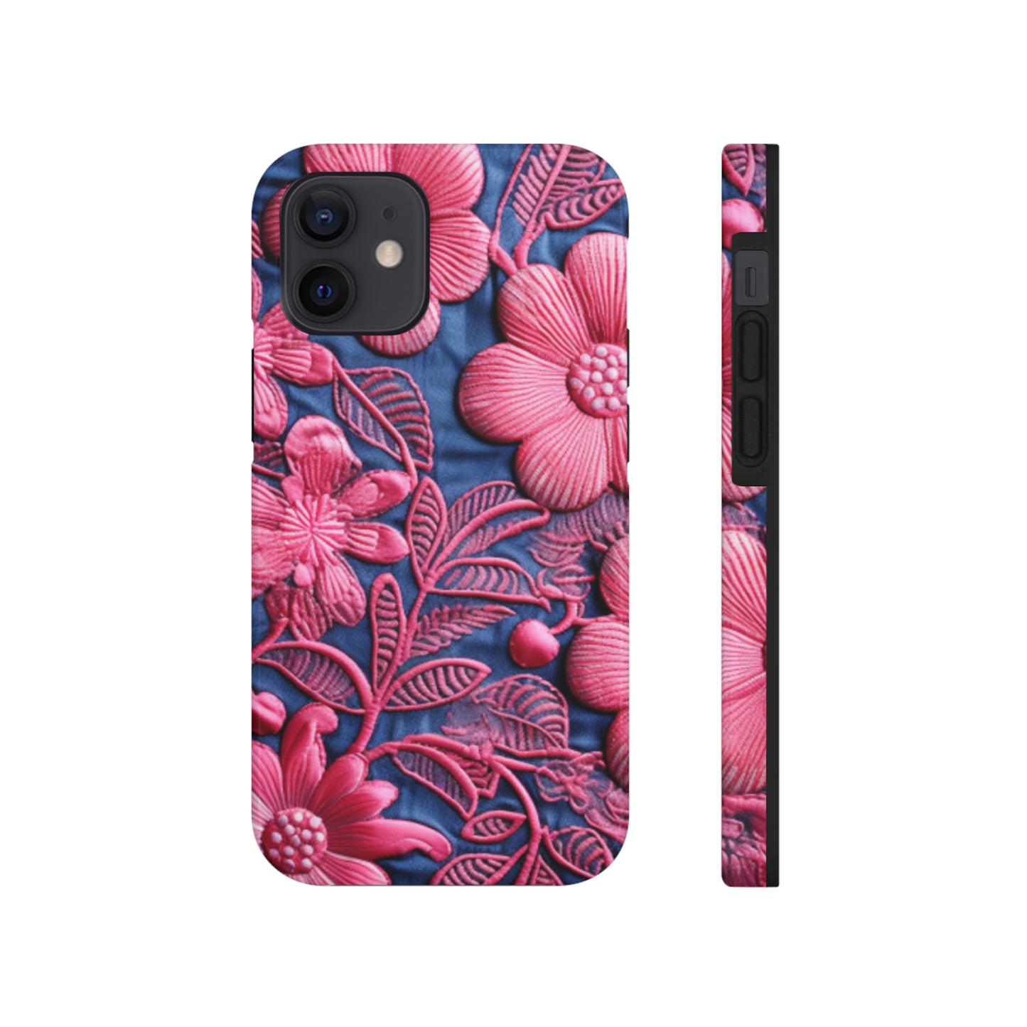 Denim Blue Doll Pink Floral Embroidery Style Fabric Flowers - Tough Phone Cases