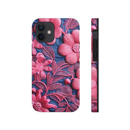 Denim Blue Doll Pink Floral Embroidery Style Fabric Flowers - Tough Phone Cases