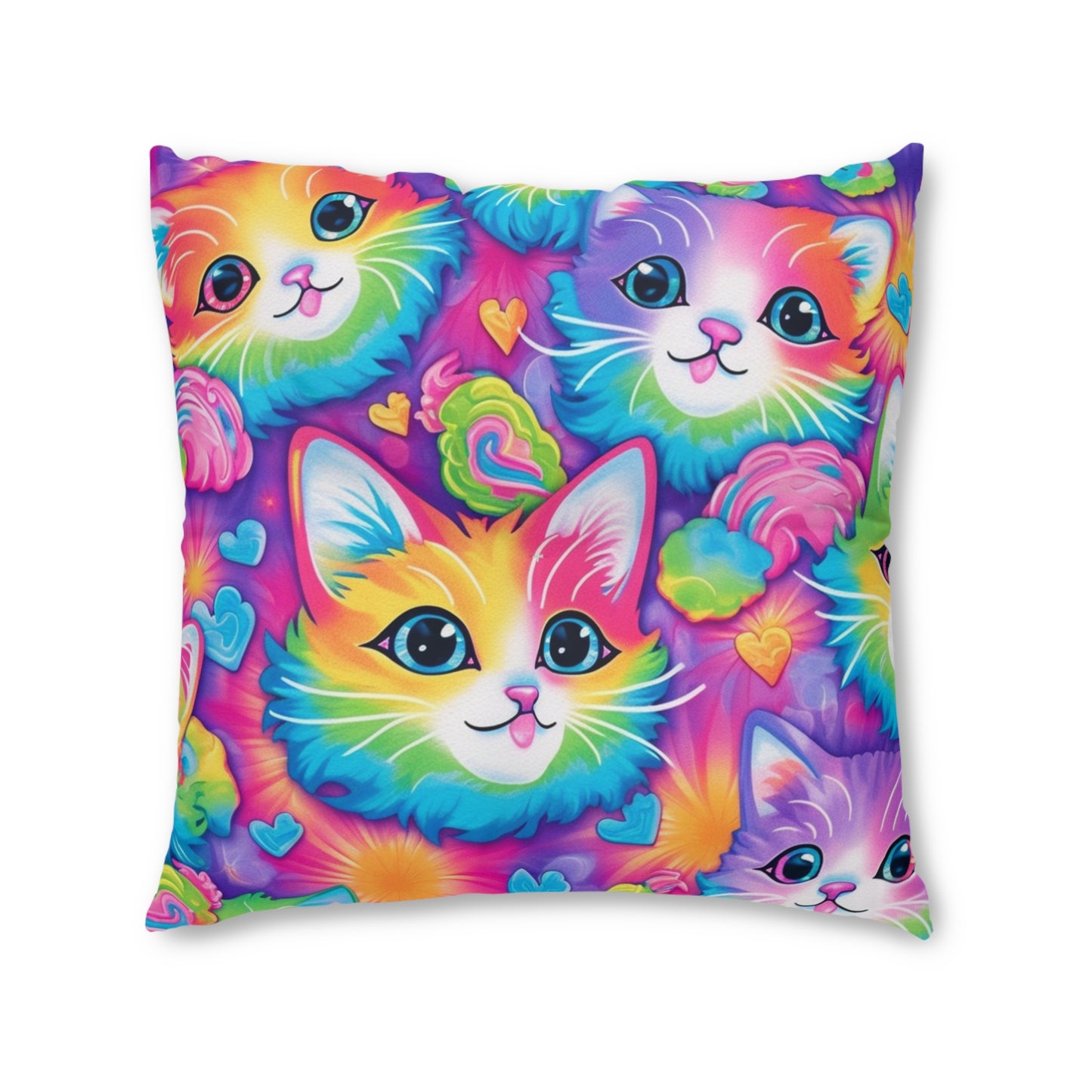 Happy Kitten & Cat Design - Vivid, Colorful & Eye-Catching - Tufted Floor Pillow, Square