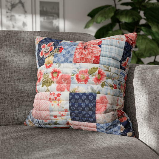 Floral Harmony Quilt, Blossom Patchwork, Blue and Pink Quilted Patterns, Garden Quilt, Soft Pastel Quilting Squares Design - Spun Polyester Square Pillow Case
