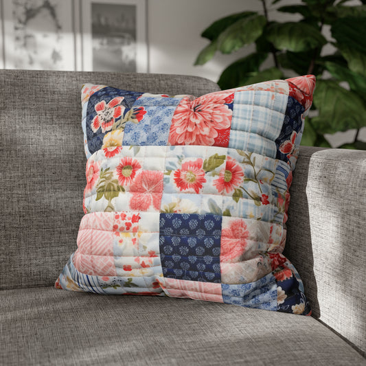 Edredón de armonía floral, patchwork de flores, patrones acolchados en azul y rosa, edredón de jardín, diseño de cuadrados de acolchado en colores pastel suave - Funda de almohada cuadrada de poliéster hilado