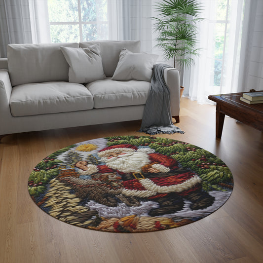 Santa Claus Pines Crochet, Festive Forest, Christmas Tree & Claus, Yuletide Landscape - Round Rug