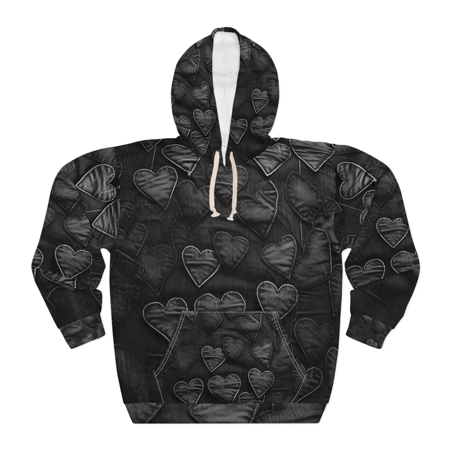 Negro azabache: diseño de bordado de corazón de tela inspirado en mezclilla desgastada - Sudadera con capucha unisex (AOP) 