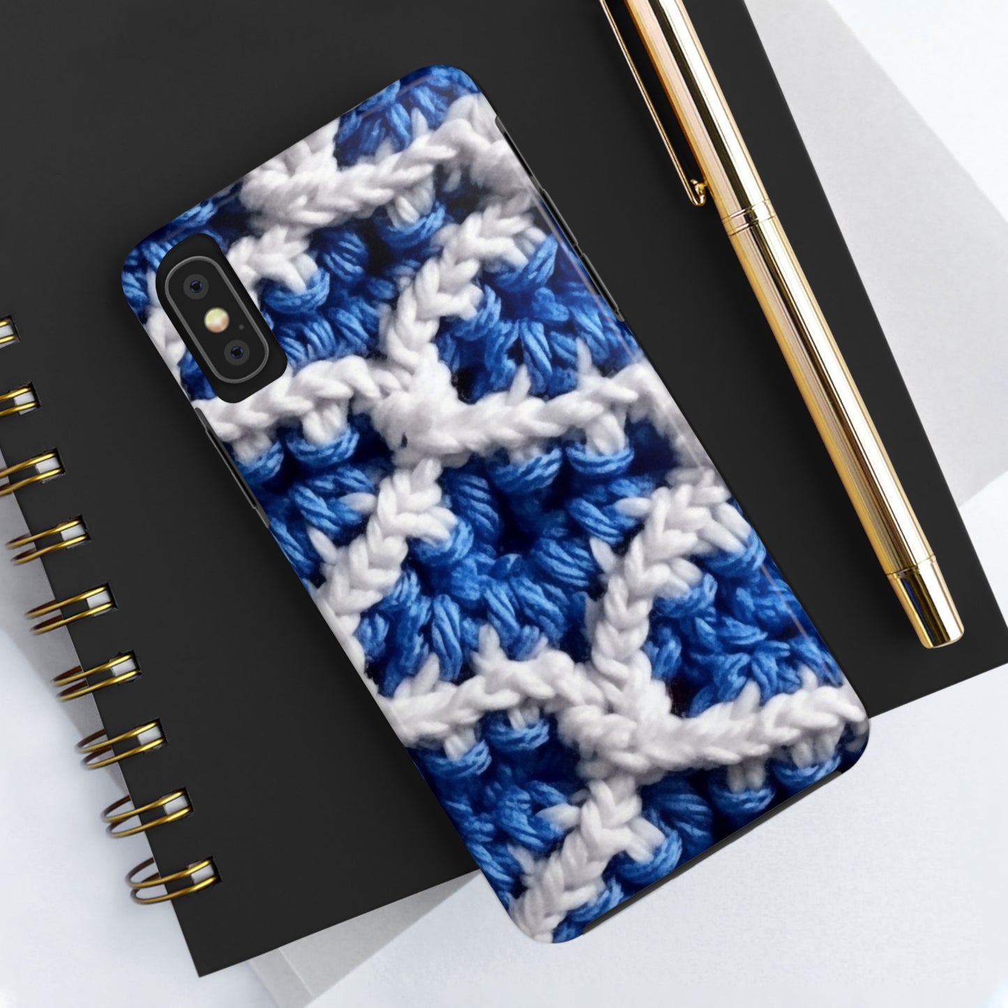 Blueberry Blue Crochet, White Accents, Classic Textured Pattern - Tough Phone Cases