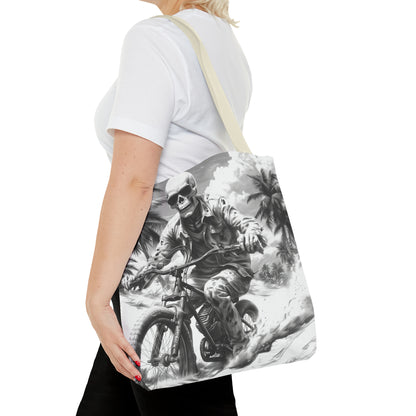 Biker Skeleton Wearing Sunglasses, Riding Sunset Boulevard in California Motorcycle, Tote Bag (AOP)