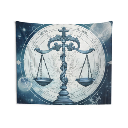 Blue Tones Libra Zodiac Cosmic Astro - Balance Scale & Symbols - Indoor Wall Tapestries